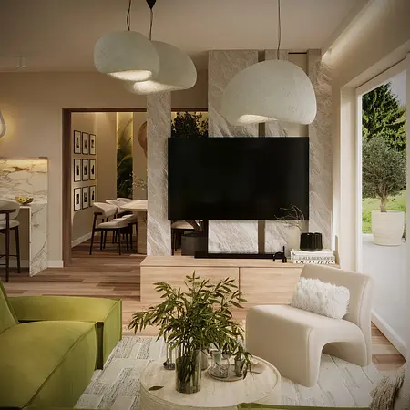Wnętrze salonu w stylu boho i eklektycznym z zieloną sofą