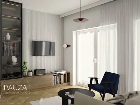 Nowoczesne wnętrze salonu z drewnianymi meblami, telewizorem i zasłonami.