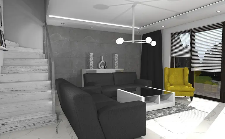 Wnętrze salonu w stylu industrialnym i minimalistycznym z czarnymi meblami i szarymi ścianami.