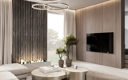 Wnętrze salonu w stylu glamour i soft minimalizm z nowoczesnymi meblami.