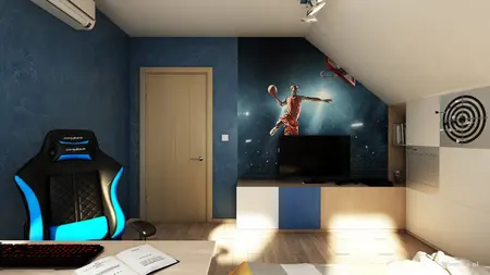Nowoczesne poddasze z biurkiem, niebieską ścianą i telewizorem.
