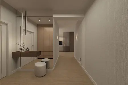 Przedpokój w stylu japandi z drewnianą szafą i lustrzanym akcentem.