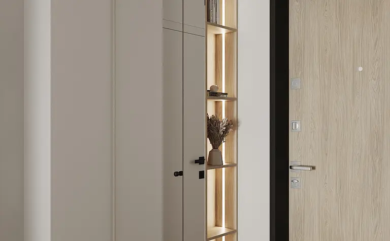 Przedpokój z drewnianymi detalami, lustrem i minimalistycznym oświetleniem w stylu industrialnym.