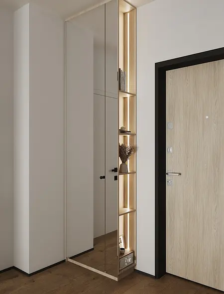 Przedpokój z drewnianymi detalami, lustrem i minimalistycznym oświetleniem w stylu industrialnym.