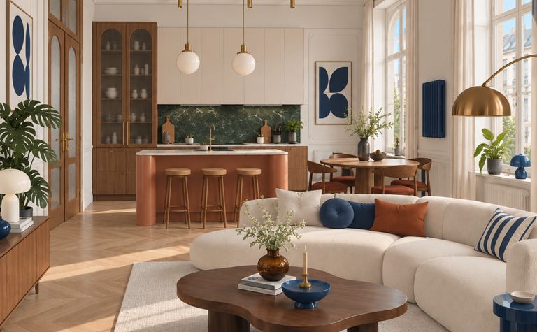 Wnętrze w stylu art deco i eklektycznym z kuchnią, naturalnym drewnem i zielonymi akcentami.