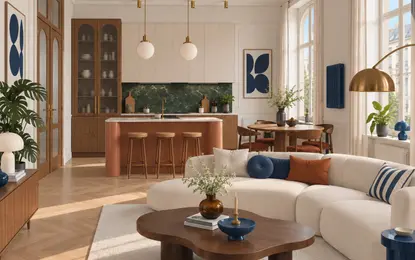 Wnętrze w stylu art deco i eklektycznym z kuchnią, naturalnym drewnem i zielonymi akcentami.