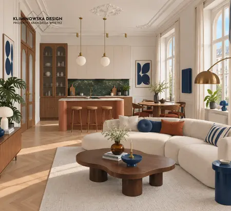 Wnętrze w stylu art deco i eklektycznym z kuchnią, naturalnym drewnem i zielonymi akcentami.