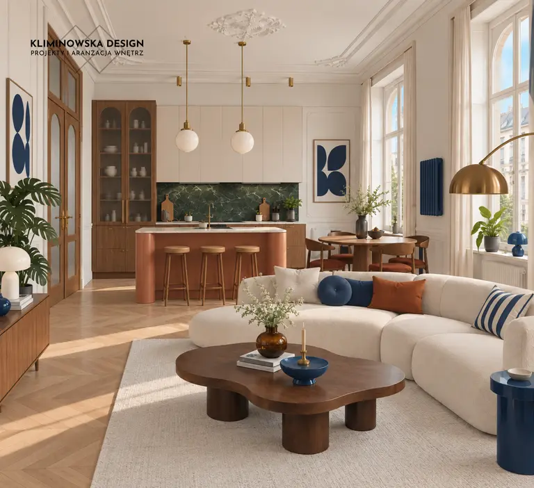 Wnętrze w stylu art deco i eklektycznym z kuchnią, naturalnym drewnem i zielonymi akcentami.