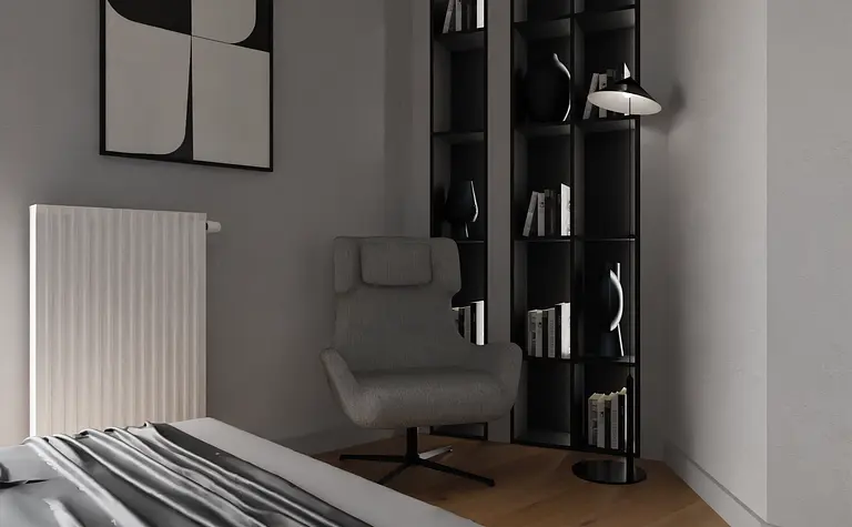 Minimalistyczne wnętrze z szarym fotelem, półkami i białą ścianą