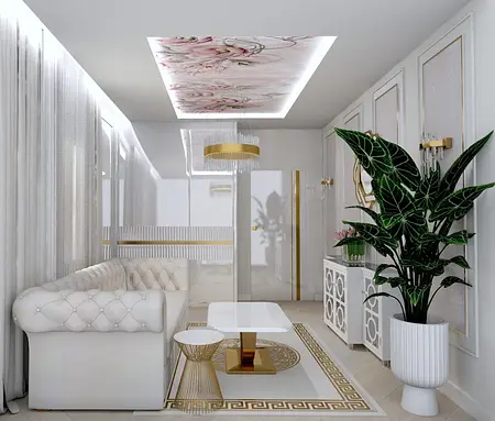 Salon w stylu glamour z białą sofą, złotymi detalami i roślinnością.