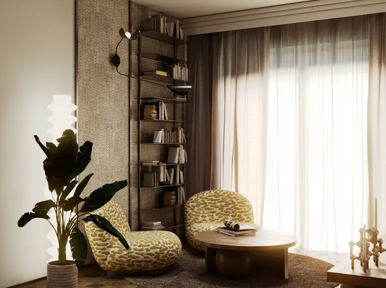 Wnętrze salonu z żółtymi fotelami, drewnianym stolikiem i półkami, styl dopamine decor, eklektyczny, quiet luxury.