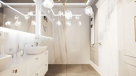 Nowoczesna łazienka w stylu glamour z eleganckimi detalami.