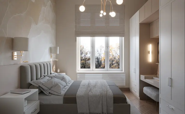 Wnętrze sypialni w stylu art deco z glamour i soft minimalizm, z jasnymi meblami.