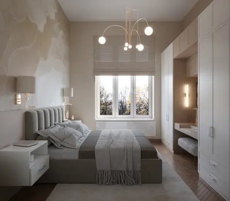 Wnętrze sypialni w stylu art deco z glamour i soft minimalizm, z jasnymi meblami.