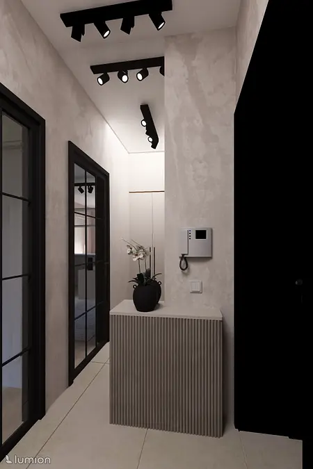 Przedpokój z minimalistycznym designem, współczesnym oświetleniem i rośliną