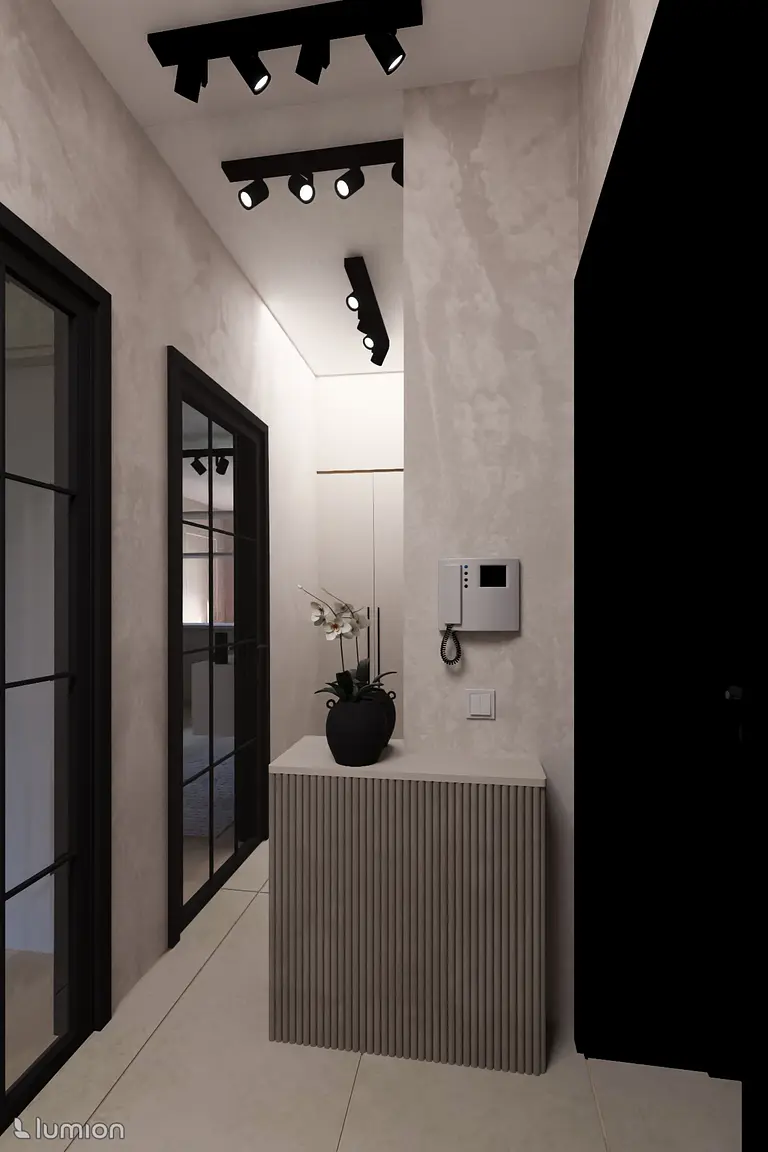 Przedpokój z minimalistycznym designem, współczesnym oświetleniem i rośliną
