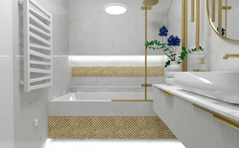Wnętrze łazienki z białymi elementami i złotymi detalami, styl glamour.