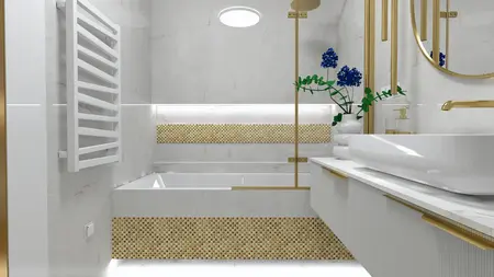 Wnętrze łazienki z białymi elementami i złotymi detalami, styl glamour.