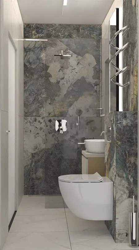 Nowoczesna łazienka w stylu dopamine decor i minimalistycznym z szarymi płytkami.