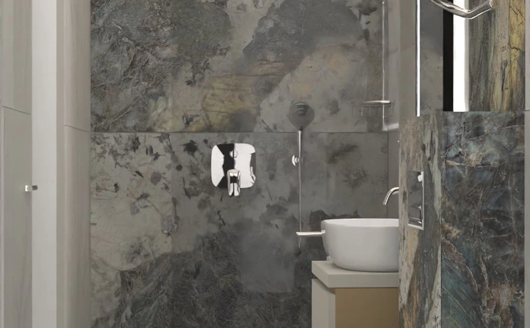 Nowoczesna łazienka w stylu dopamine decor i minimalistycznym z szarymi płytkami.