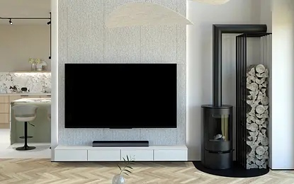 Projekt kompleksowy parteru domu jednorodzinnego typu nowoczesna stodoła pod Warszawą.