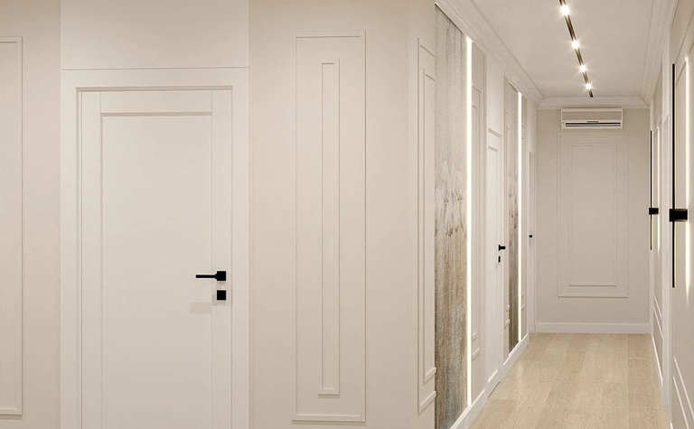 Korytarz z białymi ścianami, drewnianą podłogą, oświetleniem LED, styl art deco, glamour, nowoczesny.