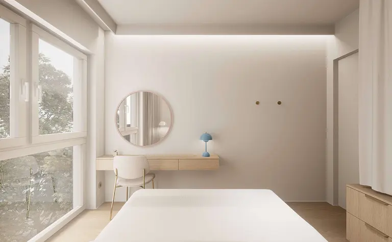 Wnętrze sypialni w stylu japandi, minimalistycznym, nowoczesnym i quiet luxury z jasnymi meblami.