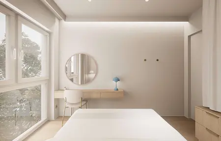 Wnętrze sypialni w stylu japandi, minimalistycznym, nowoczesnym i quiet luxury z jasnymi meblami.
