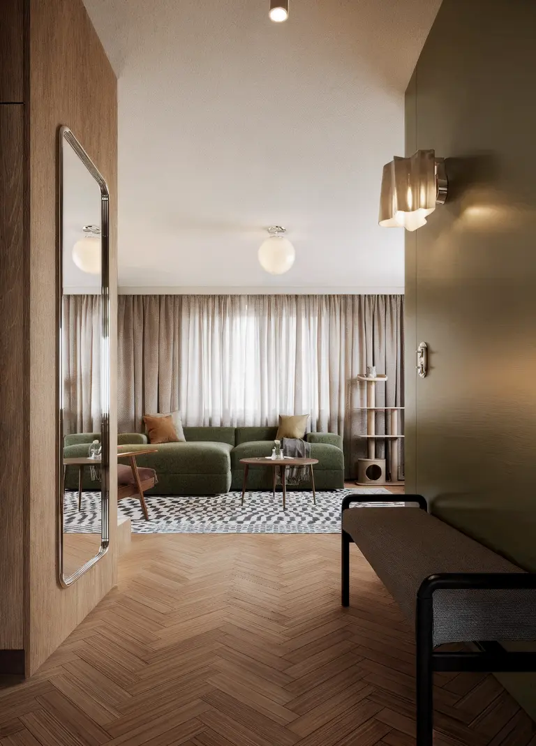 Wnętrze salonu w stylu eklektycznym i vintage z zieloną sofą i drewnianymi detalami.