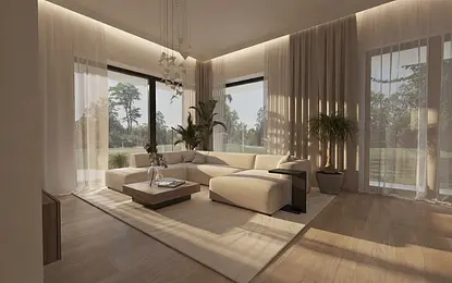 Wnętrze salonu minimalistycznego z jasnymi meblami, drewnianą podłogą i roślinami.