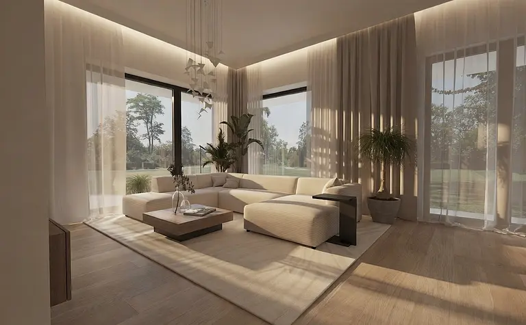 Wnętrze salonu minimalistycznego z jasnymi meblami, drewnianą podłogą i roślinami.