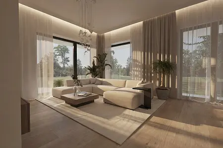 Wnętrze salonu minimalistycznego z jasnymi meblami, drewnianą podłogą i roślinami.