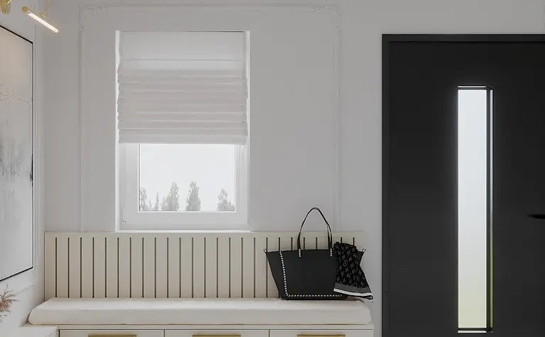 Nowoczesny przedpokój w stylu art deco i eklektycznym z białymi meblami.