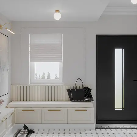 Nowoczesny przedpokój w stylu art deco i eklektycznym z białymi meblami.