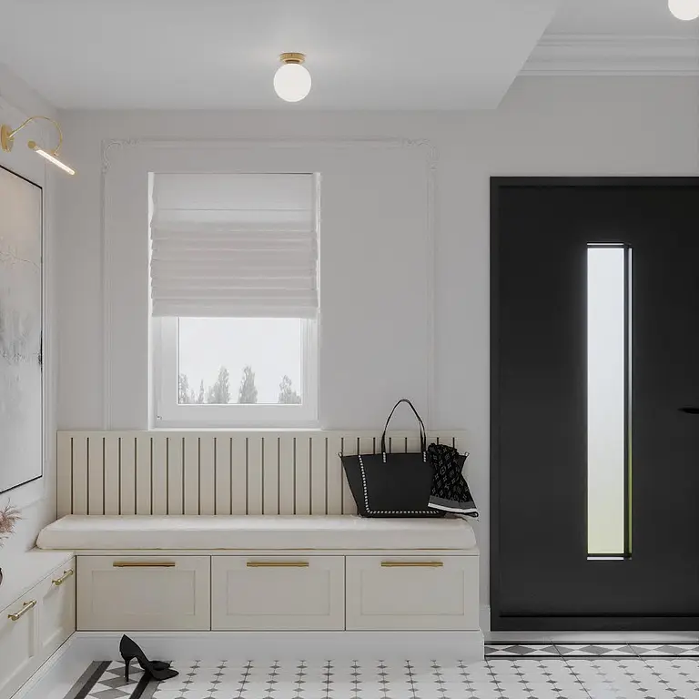 Nowoczesny przedpokój w stylu art deco i eklektycznym z białymi meblami.