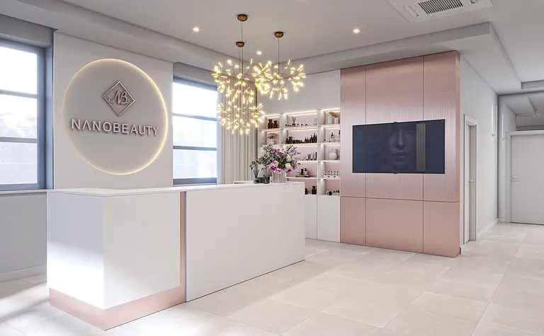 Recepcja salonu kosmetycznego z minimalistycznym designem, nowoczesnym oświetleniem i stylowymi meblami.