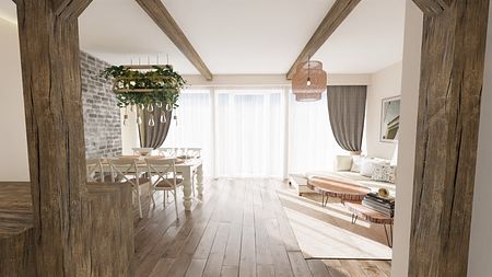 Wnętrze rustykalne z drewnianymi meblami i roślinnością.