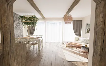 Wnętrze rustykalne z drewnianymi meblami i roślinnością.