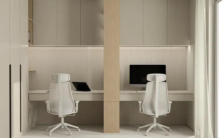 Gabinet z nowoczesnymi meblami, quiet luxury i współczesnym designem.