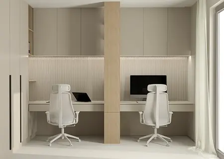 Gabinet z nowoczesnymi meblami, quiet luxury i współczesnym designem.