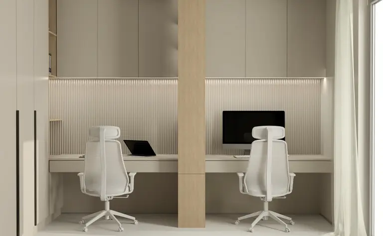 Gabinet z nowoczesnymi meblami, quiet luxury i współczesnym designem.