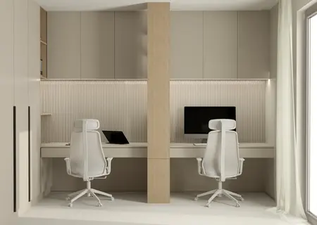 Gabinet z nowoczesnymi meblami, quiet luxury i współczesnym designem.