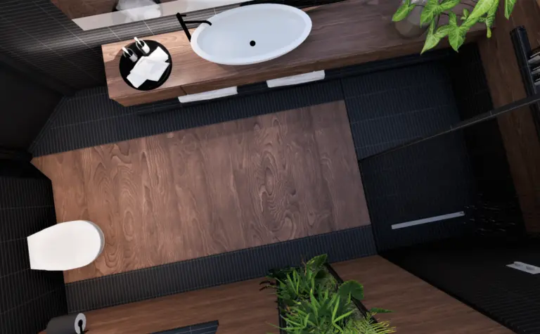 Nowoczesna łazienka z minimalistycznym designem, drewnianą podłogą i roślinnością.