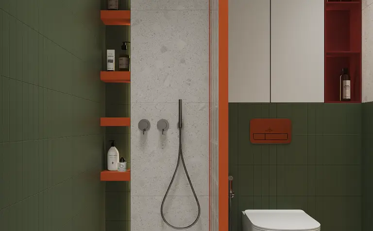 Nowoczesna łazienka w stylu art deco i vintage z zielonymi ścianami.