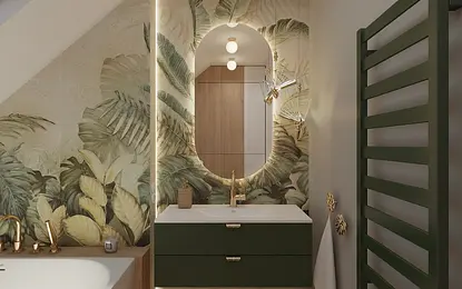 Nowoczesna łazienka z roślinnymi wzorami na ścianie i zielonymi meblami.