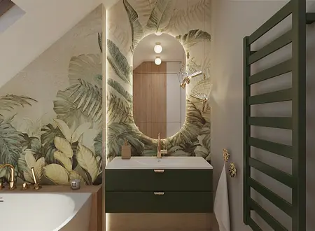 Nowoczesna łazienka z roślinnymi wzorami na ścianie i zielonymi meblami.