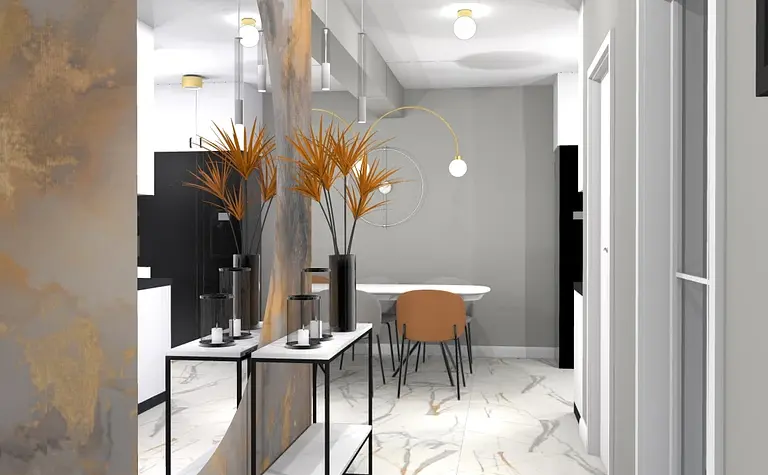 Wnętrze przedpokoju z marmurową podłogą, art deco i roślinami w donicach.