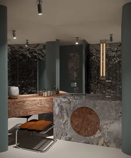Nowoczesna łazienka w stylu art deco i vintage z marmurowym blatem i drewnianymi elementami.