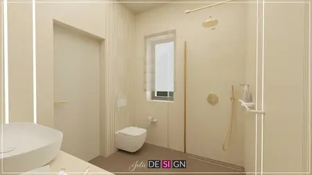 Nowoczesna łazienka z jasnymi kafelkami, prysznicem i umywalką w stylu boho i eklektycznym.