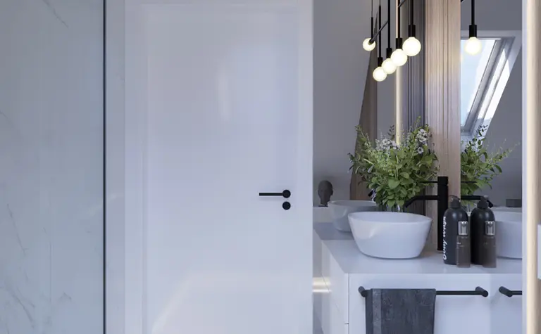 Wnętrze łazienki z eklektycznymi i nowoczesnymi elementami.